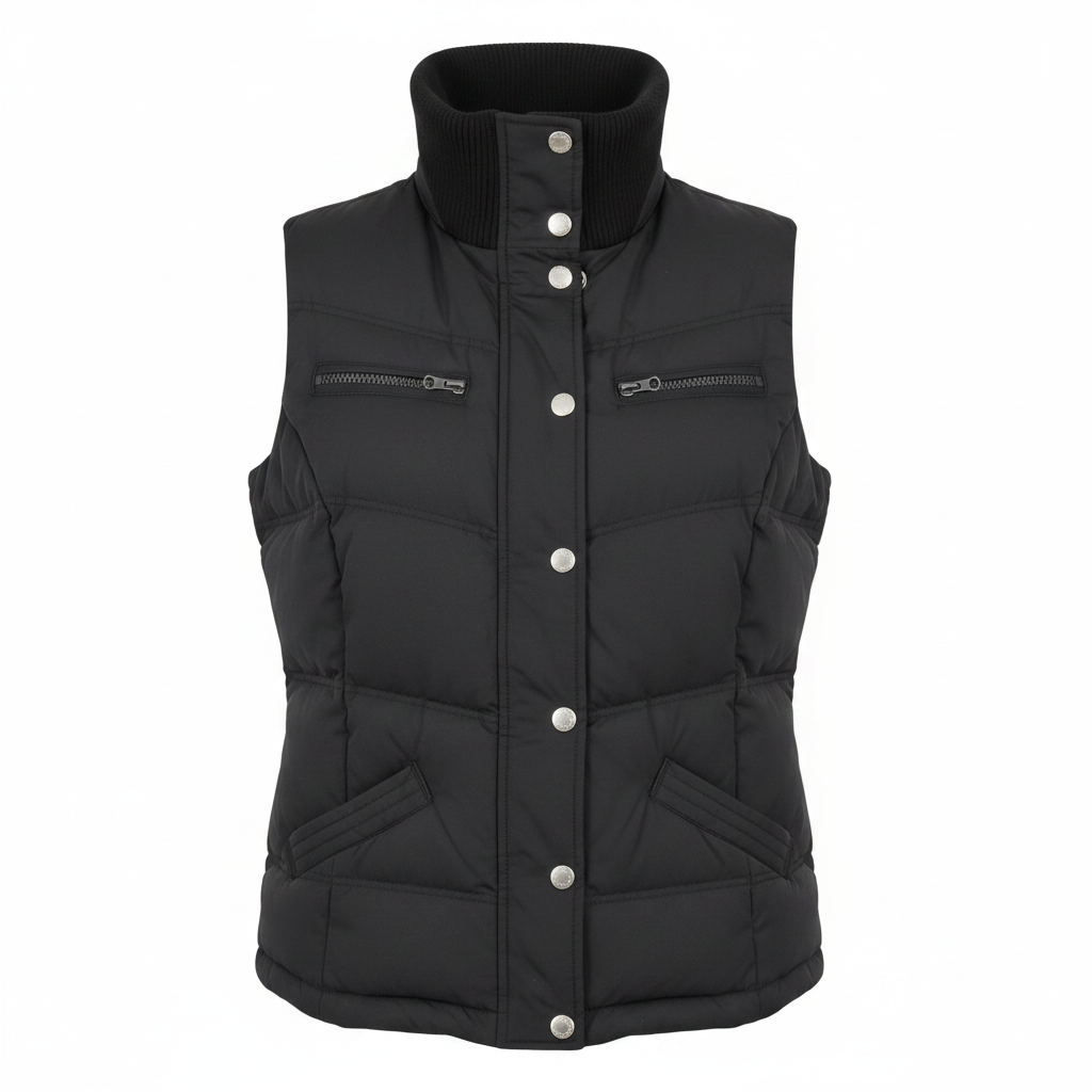 Ladies Black Button-Up Puffer Bodywarmer – white background