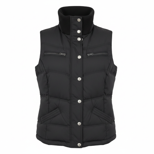 Ladies Black Button-Up Puffer Bodywarmer – white background