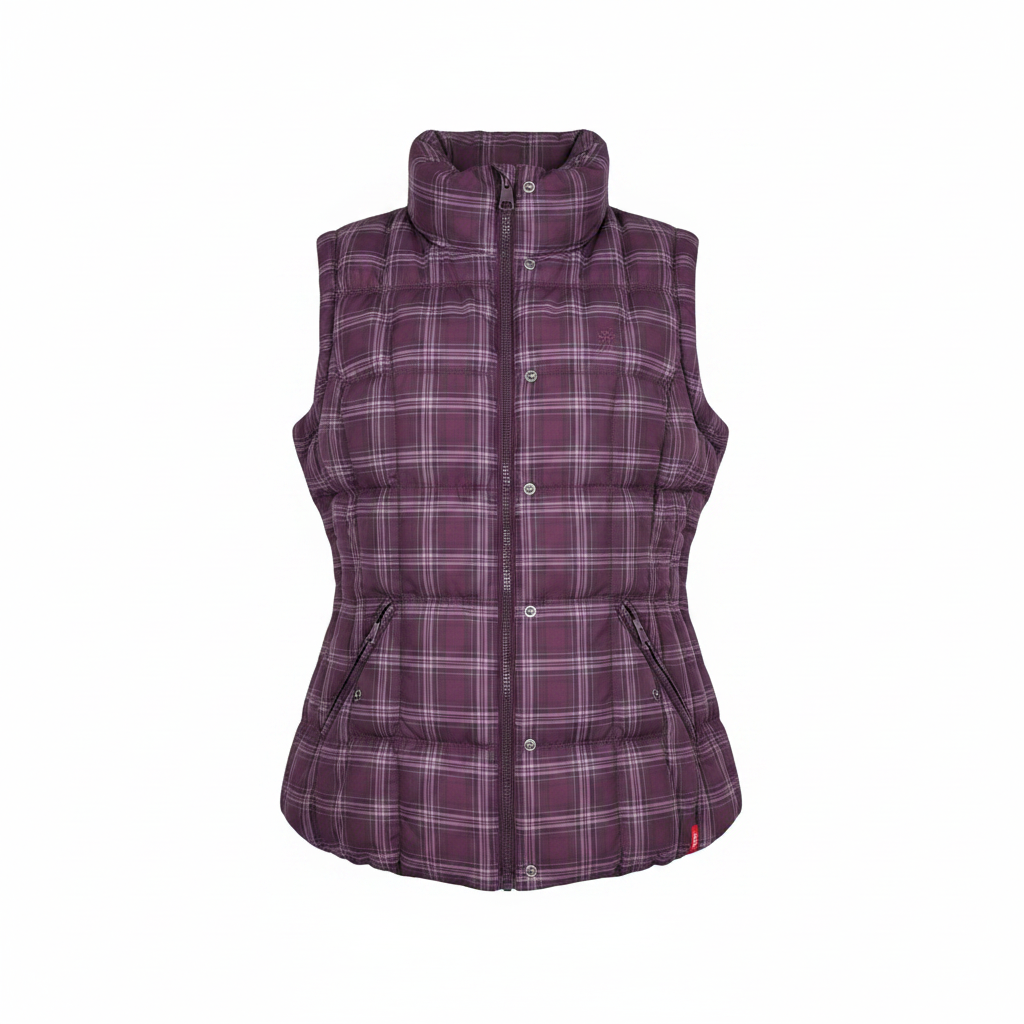 Ladies Purple Plaid Puffer Bodywarmer – white background