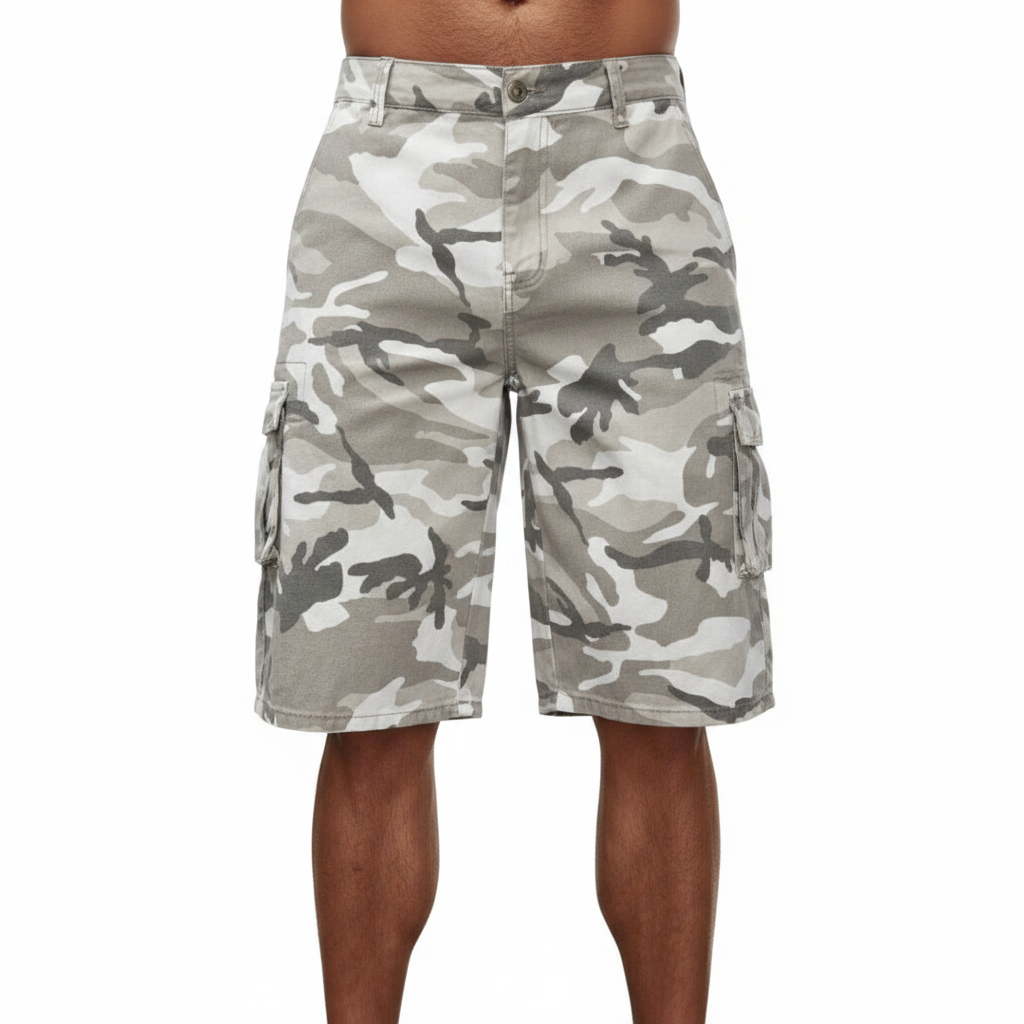 Manfinity EMRG Men's Camouflage Cargo Denim Shorts on white background