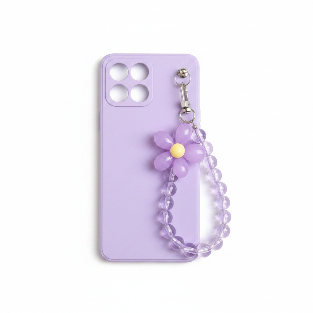 Solid lavender phone case with beaded flower wrist lanyard on white background
