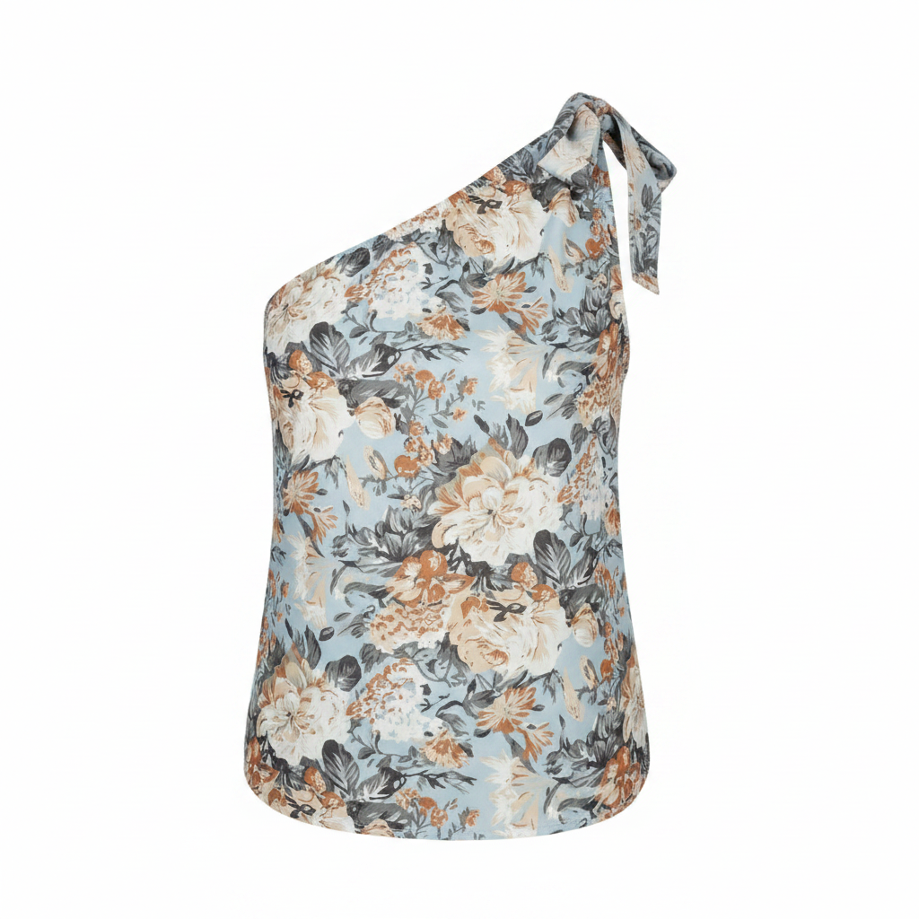 VCAY Plus Floral Print One Shoulder Blouse on white background