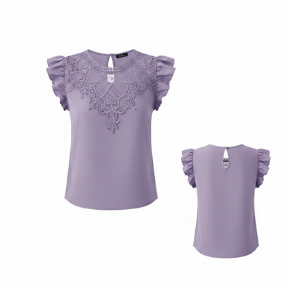 Clasi Guipure Lace Panel Ruffle Trim Blouse on white background
