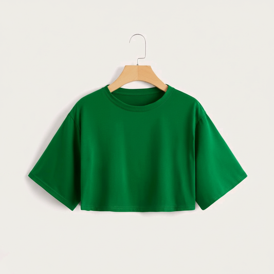 Solid Drop Shoulder Crop Tee in kelly green on white background