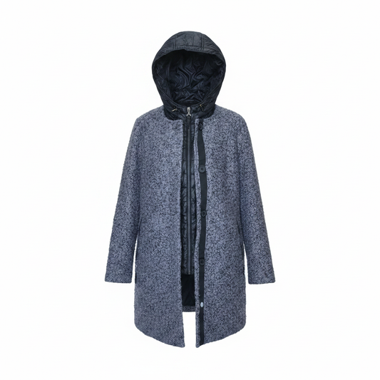 Laura Torelli Classic 2-in-1 Blue-Grey Boucle Coat with Detachable Quilted Hooded Inner – AI photo