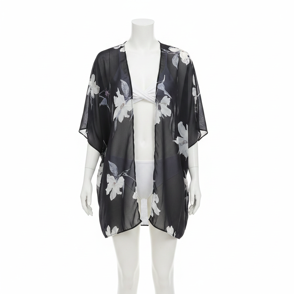 Dark navy floral print sheer chiffon kimono cover-up on white background