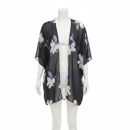 Dark navy floral print sheer chiffon kimono cover-up on white background