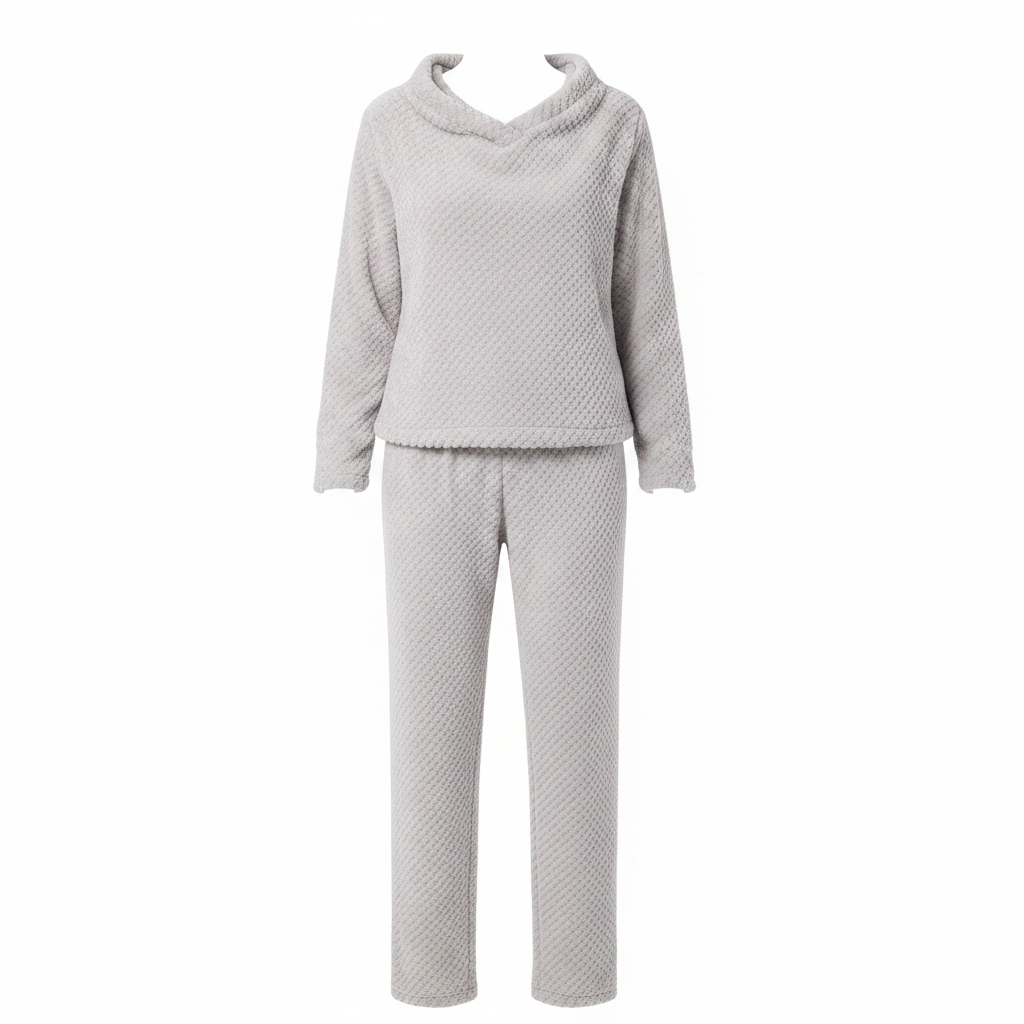 Light grey teddy bear waffle fleece pajama set on white background