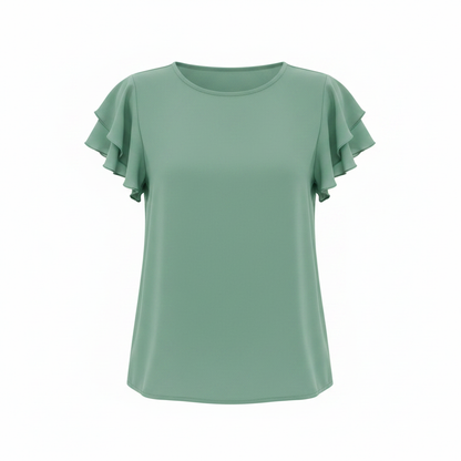 Clasi Vacation Casual Solid Color Double Ruffle Hem Short Sleeve Shirt on white background