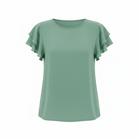 Clasi Vacation Casual Solid Color Double Ruffle Hem Short Sleeve Shirt on white background