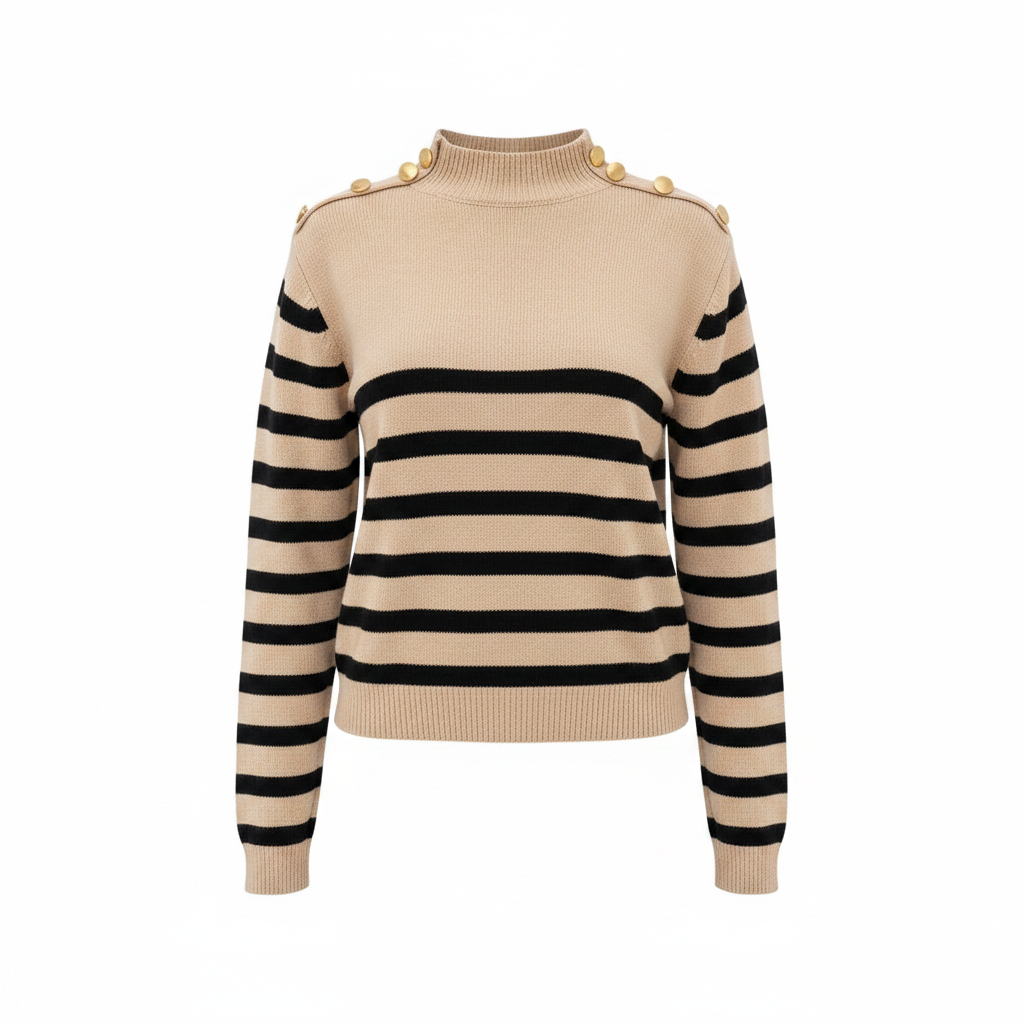 Beige and black striped stand neck sweater with gold button details on white background