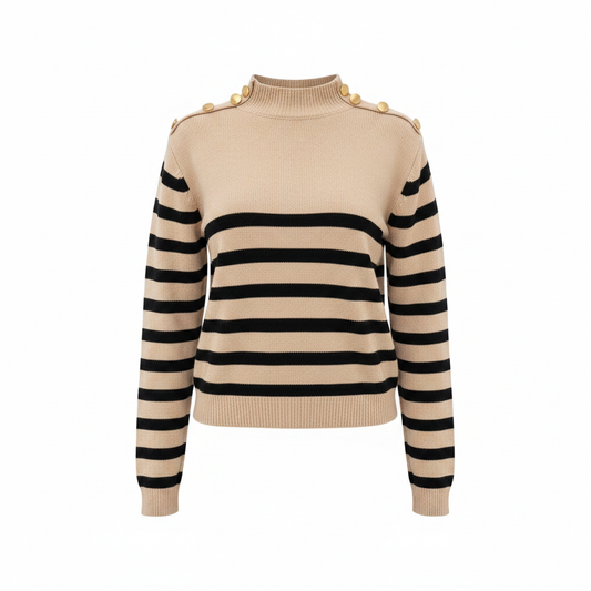 Beige and black striped stand neck sweater with gold button details on white background