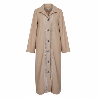 Shein Ladies Nude Beige Maxi Coat Dress with Lace Crochet Trim – AI photo
