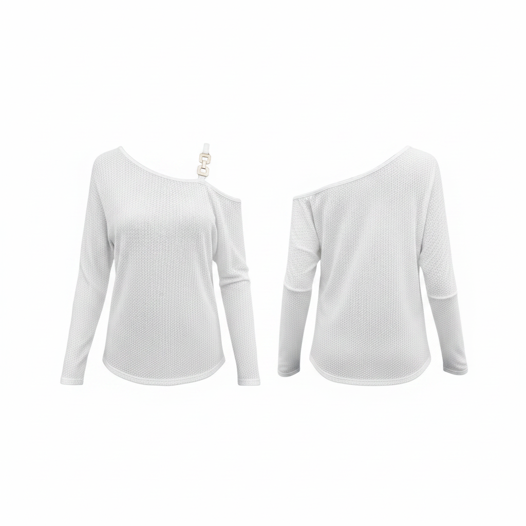 ChicEase Chain Detail Asymmetrical Neck Tee on white background