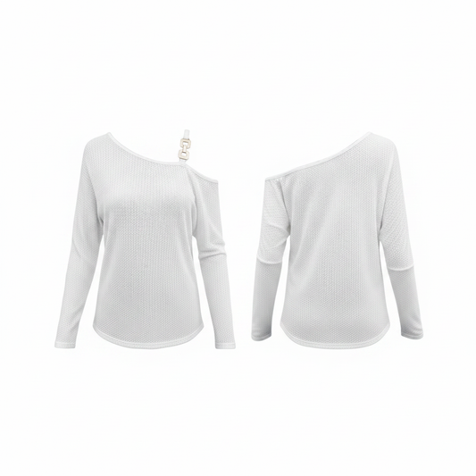 ChicEase Chain Detail Asymmetrical Neck Tee on white background