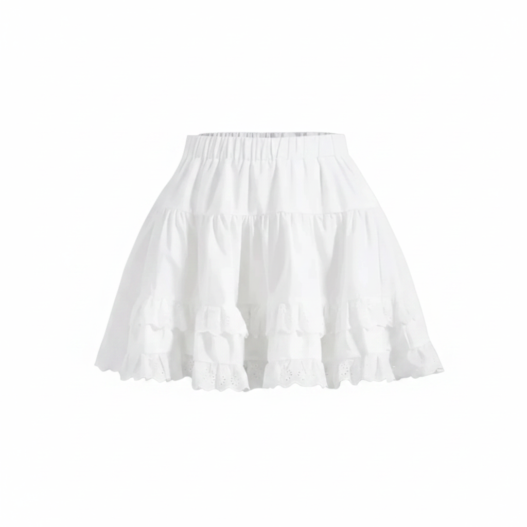 Eyelet Ruffle Hem Skirt on white background