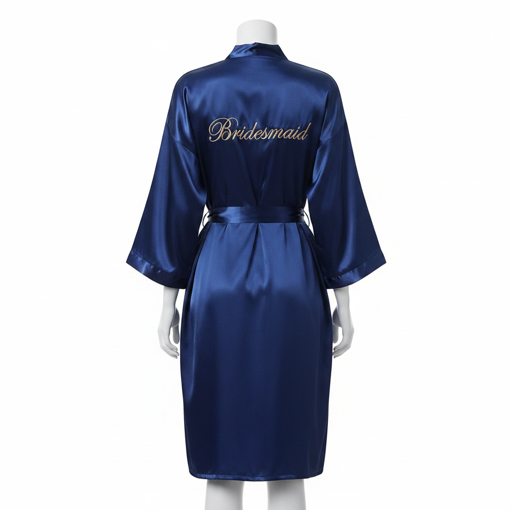 Letter Embroidered Belted Satin Bridesmaid Robe on white background