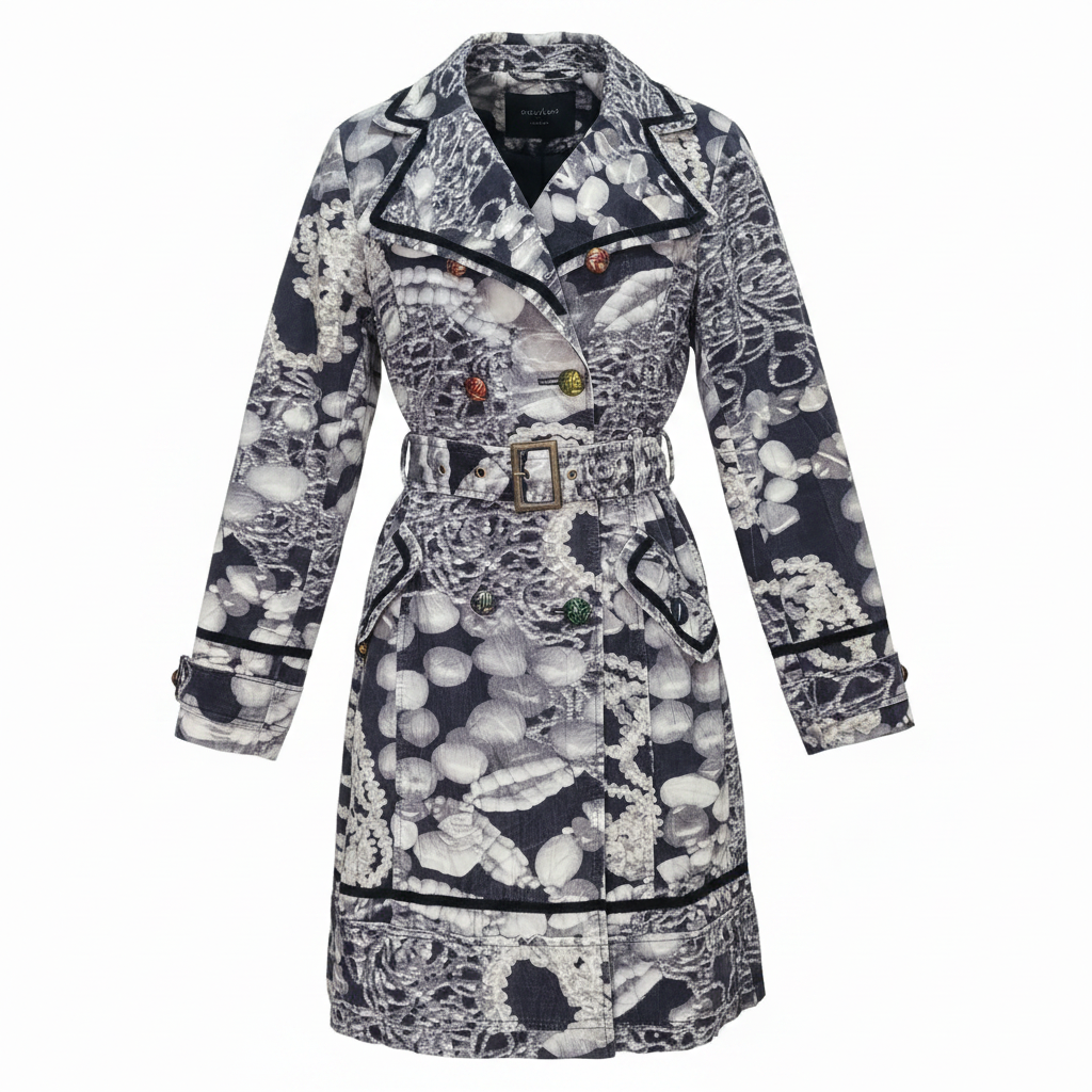 Ladies Navy Abstract Print Belted Trench Coat – AI photo