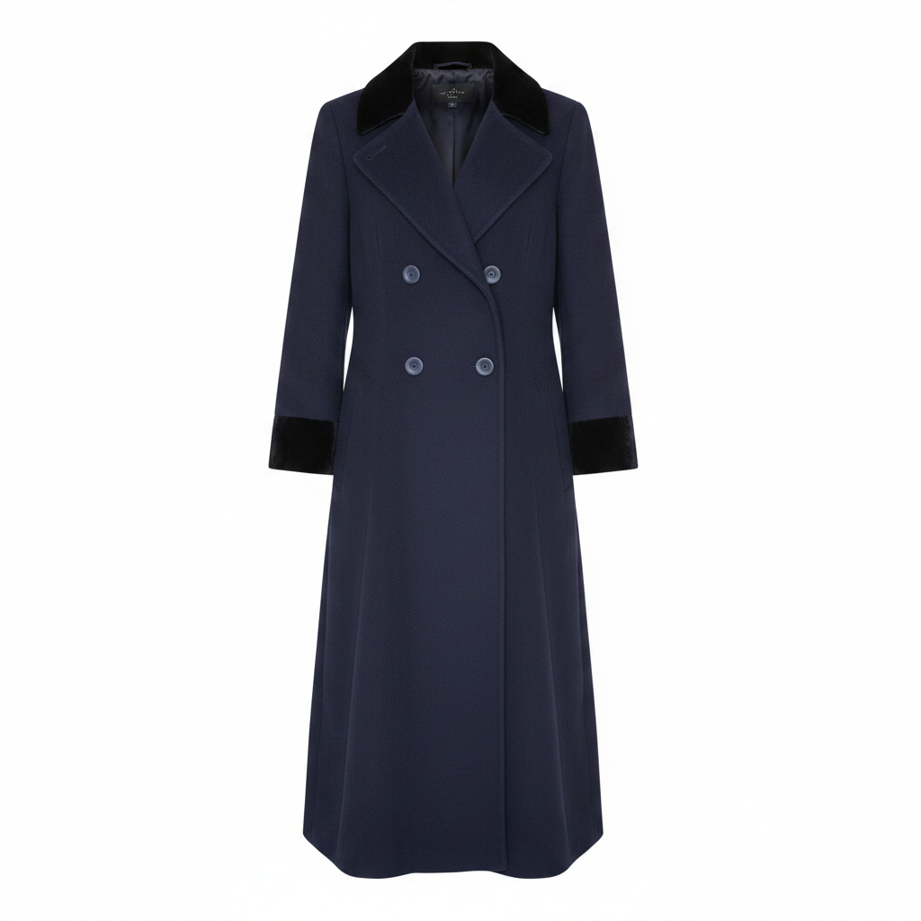 Gil Bret Ladies Navy Double-Breasted Maxi Coat with Black Velvet Collar and Cuffs – AI photo