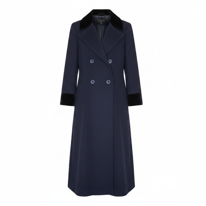 Gil Bret Ladies Navy Double-Breasted Maxi Coat with Black Velvet Collar and Cuffs – AI photo