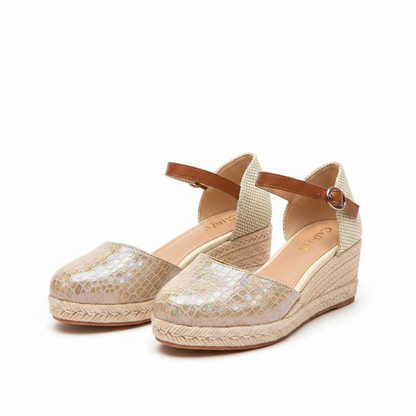 Holographic Crocodile Embossed Espadrille Wedge Court Shoes on white background