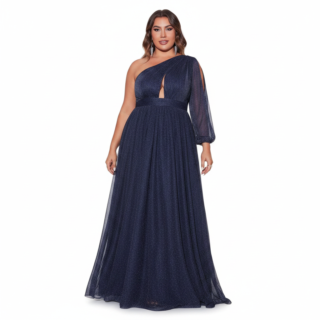 Plus One Shoulder Glitter Formal Maxi Dress