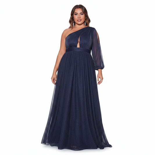 Plus One Shoulder Glitter Formal Maxi Dress