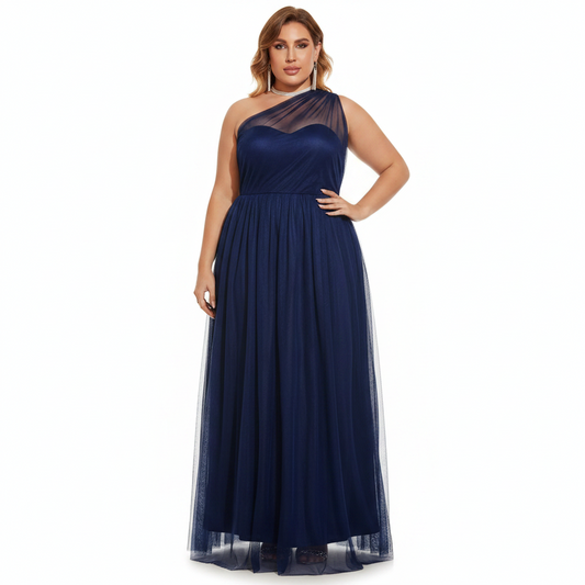 Plus One Shoulder Mesh Evening Maxi Dress