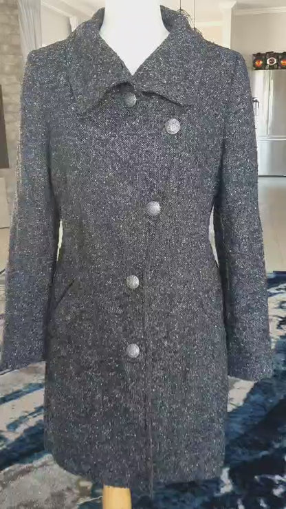 The 'Boucle' Navy Charcoal Tweed Fitted Longline Coat | Small